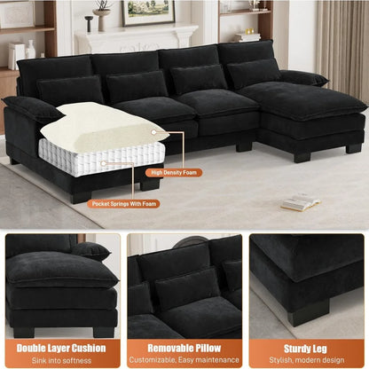 U Shape Cloud Couch Sectional Sofa, 110" Modern Chenille Comfy Modular Sofa with Memory Foam & Double Chaise, Jet Black
