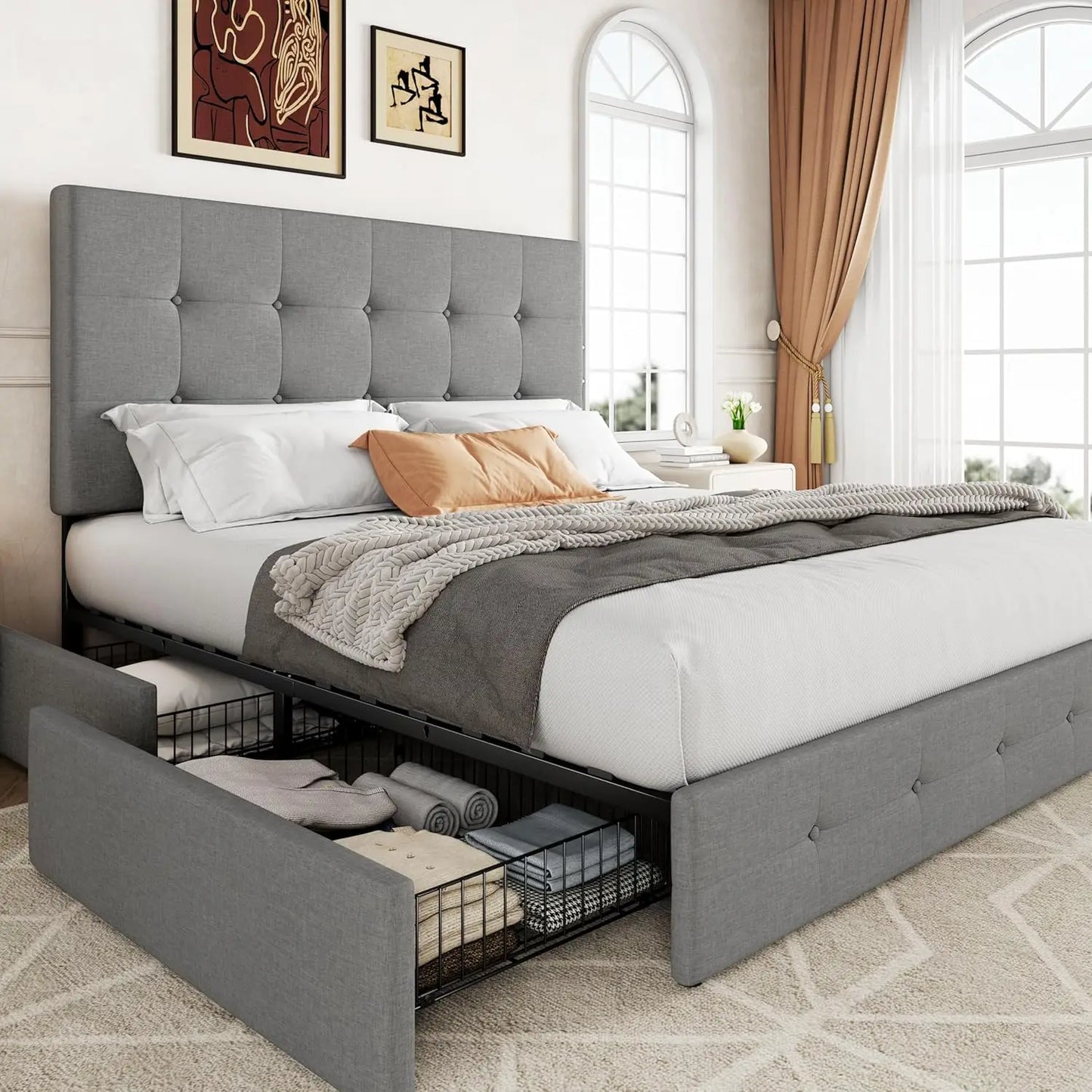Upholstered Queen Size Platform Bed Frame with 4 Storage Drawers and Headboard, Square Stitched Button Tufted