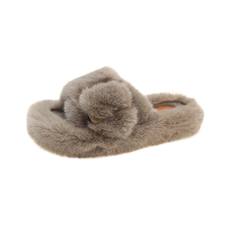 Women's Fashion Flat Fluffy Slippers Winter New Round Head Open Toe Suede Warm Comfortable Cotton Drag