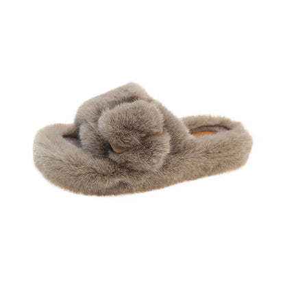 Women's Fashion Flat Fluffy Slippers Winter New Round Head Open Toe Suede Warm Comfortable Cotton Drag