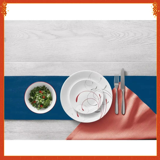 Classic White & Red Dinnerware Set, 12-Piece Ceramic Plates & Bowls. Dishwasher Safe, Service for 4, Modern Tableware.