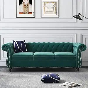 Chesterfield Leather Sofa 3 Seater Couch, Mid-Century Large Sofa Roll Arm Classic Tufted Settee Modern PU Sofa with Channel Tuf