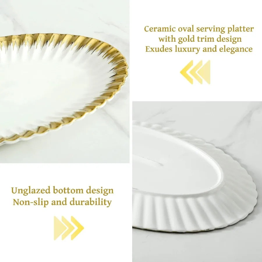 Ceramic Oval Serving Platters 12 Inch Porcelain White Dinner Plates with Gold Trim for Party Entertaining Ideal for Serving San