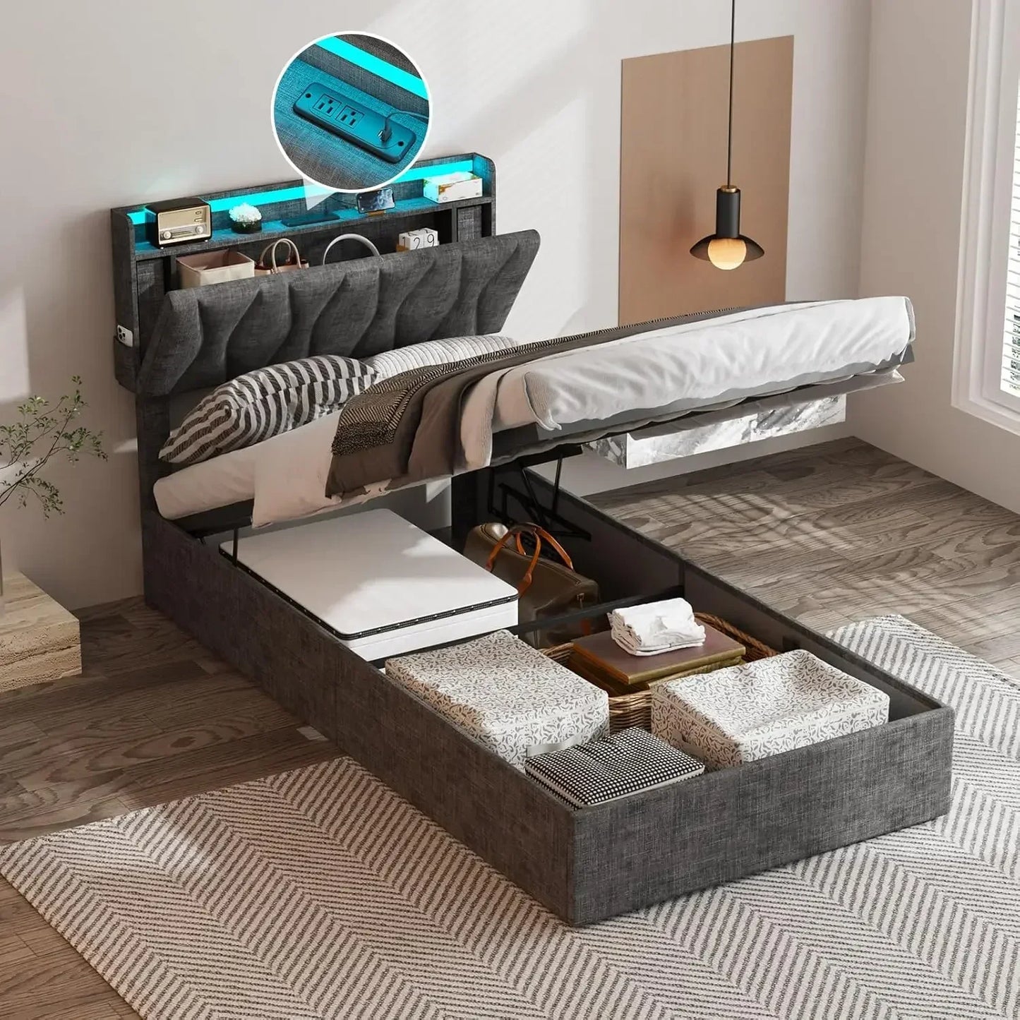 Queen Lift Up Storage Bed Frame, Height Adjustable Storage Headboard with Charging Station, LED Lights Upholstered Platform Bed