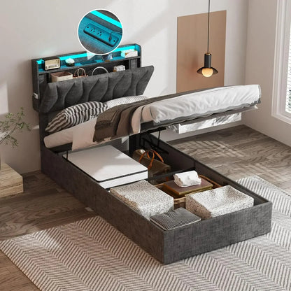 Queen Lift Up Storage Bed Frame, Height Adjustable Storage Headboard with Charging Station, LED Lights Upholstered Platform Bed