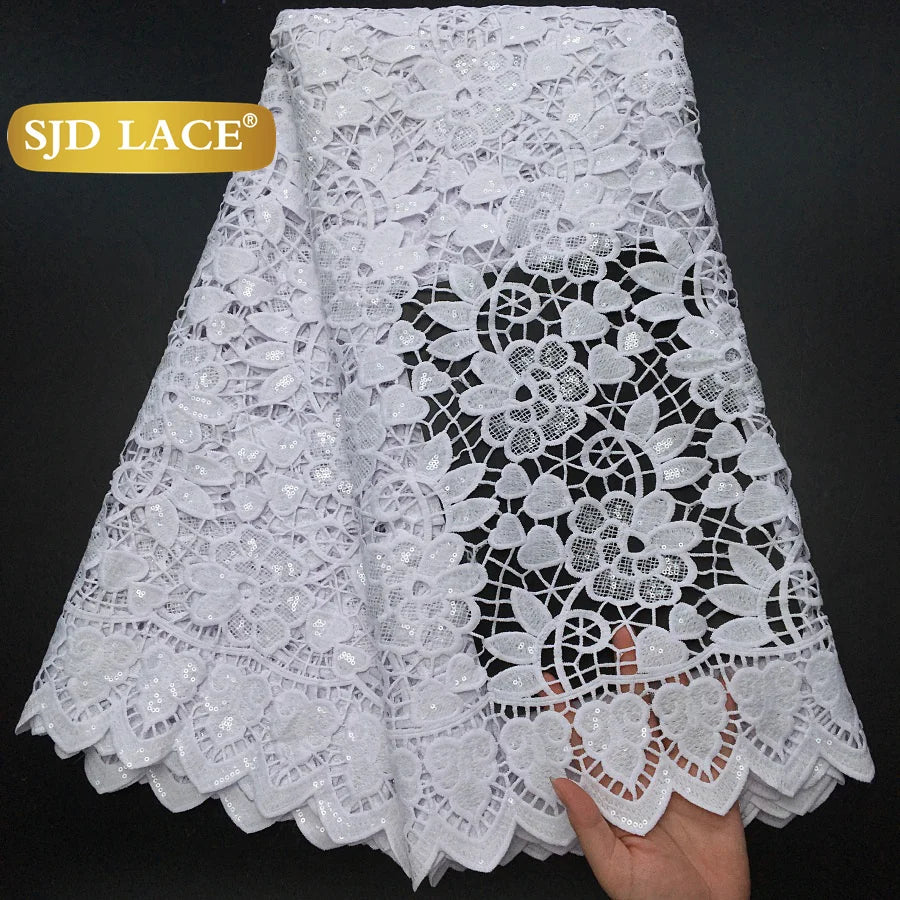 SJD LACE African Sequins Guipure Cord Lace Fabrics 5 Yards White 2025 New Nigerian Water Soluble Lace For Women Dresses Sew 4197