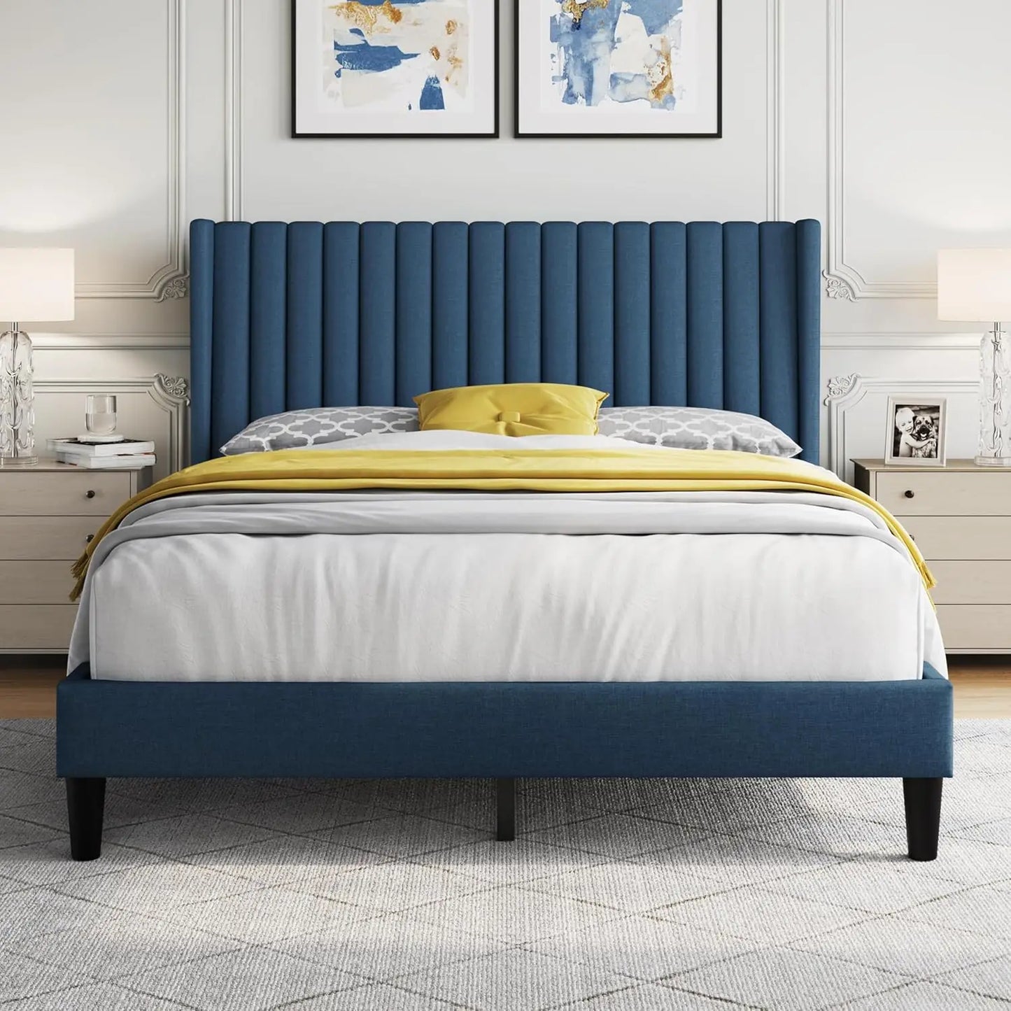 Queen Bed Frame Upholstered Platform Bed with Fabric Headboard, Wing Edge Design/Non-Slip and Noise-Free/Wooden, Customized