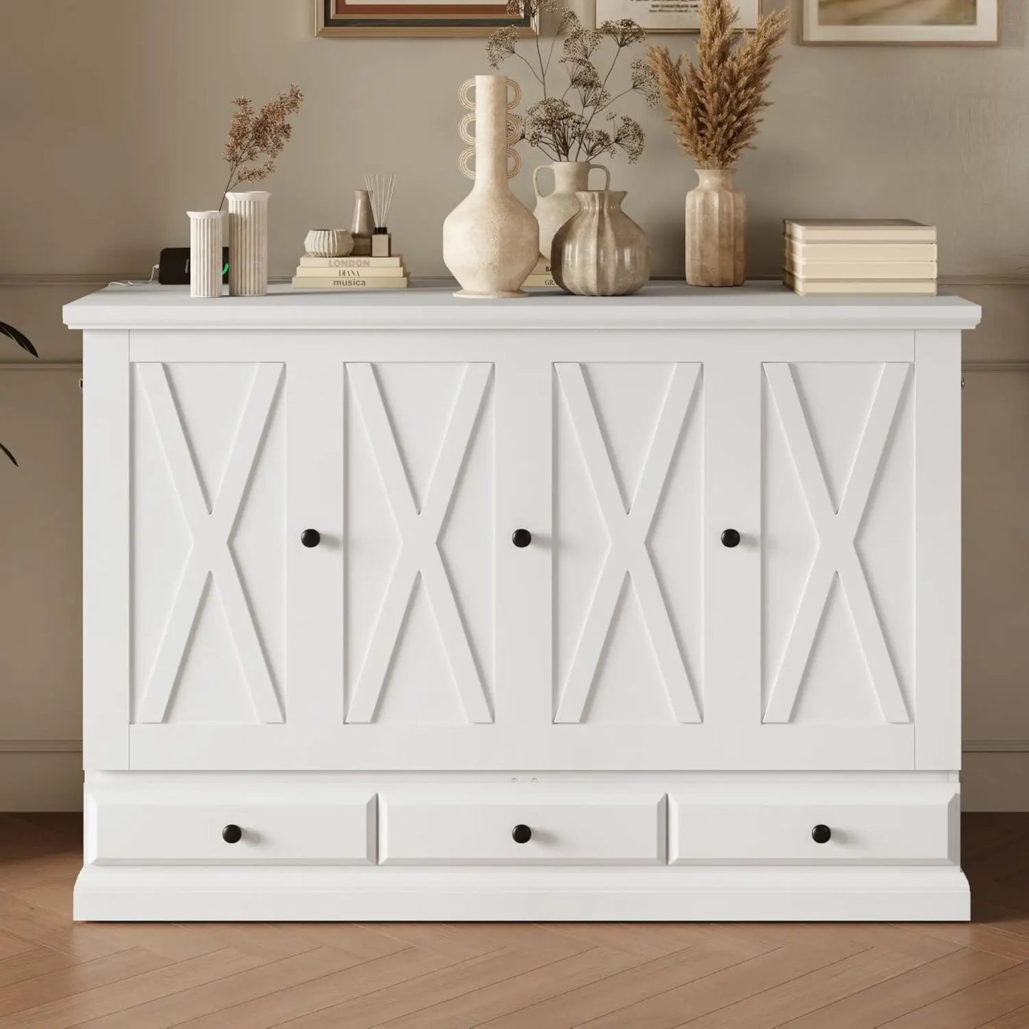 Queen Size Murphy Bed, Solid Pine Queen Murphy Bed Frame Chest Cube Cabinet with Charging Station and Large Storage Drawer for H