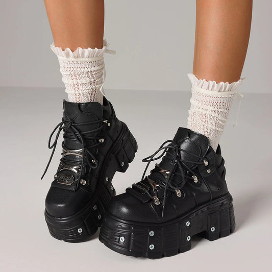Punk Gothic Women Pumps Platform Biker Lace Up Motorcycle Ankle Boots Black Metal Combat Y2K Shoes