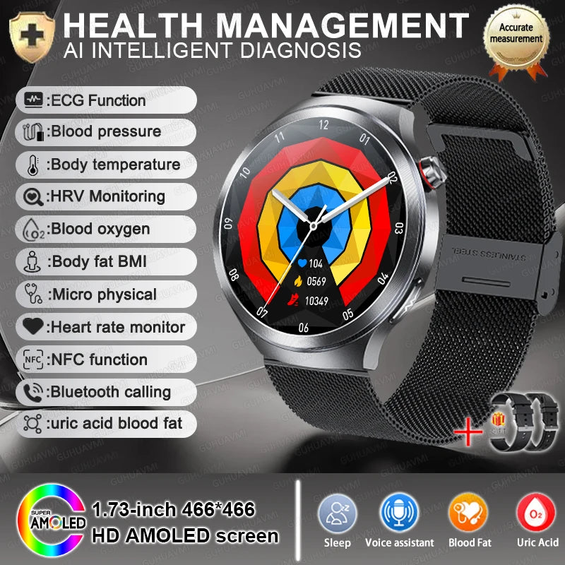 New 1.73" Sapphire Glass Uric Acid Blood Fat Health Trackr SmartWatch Blood Pressure ECG+PPG Clock Body Analysis Smartwatchs Men