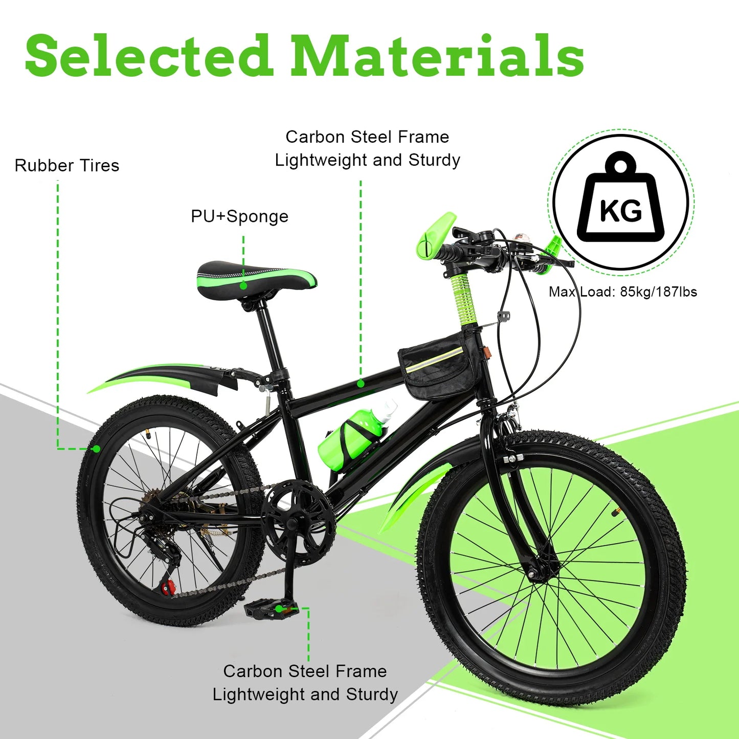 20 Inch Mountain Bike 7 Speed Gears, Adjustable Seat Kids' Bike with Mudguards Kettle Holder Kettle for Boys Girls 8-13 years