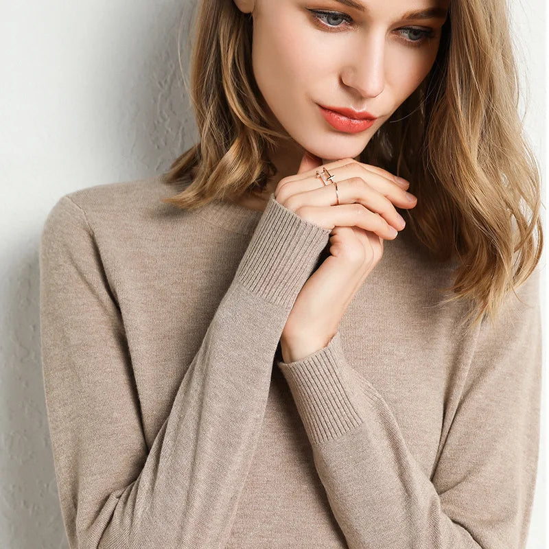 Women Slim O-Neck Pullover Cashmere Wool Blending Sweater Autumn And Winter Long-Sleeved Knit Bottoming Shirt Large Size 2024