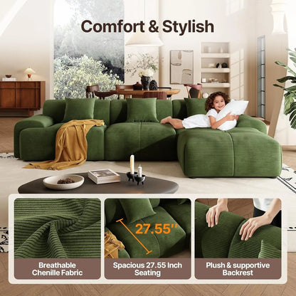 113" L-Shape Modular Sectional Sofa Corduroy Upholstery 3-Seater Cloud Couch Movable Ottoman Living Room Green, Customized
