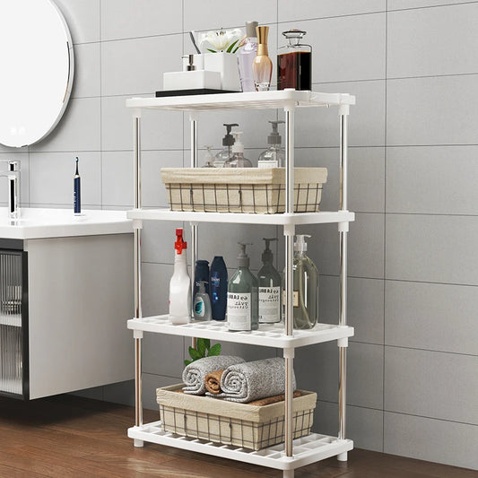 Four-Layer Multifunctional Storage Rack for Bathroom, Living Room, Kitchen, and Bedroom; Plastic Floor-Standing Storage Rack for Bathroom Organization