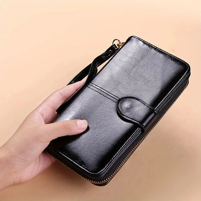 Women's Vintage Oil Wax PU Leather Clutch Wallet Female Large Capacity Phone Purse Ladies Wristband Simple Card Holder Pouch Bag