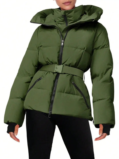 Fisoew women's Belted Puffer Jacket, Women's Waterproof Ski Coat With Hood, Quilted Winter Snowsuit Aesthetic
