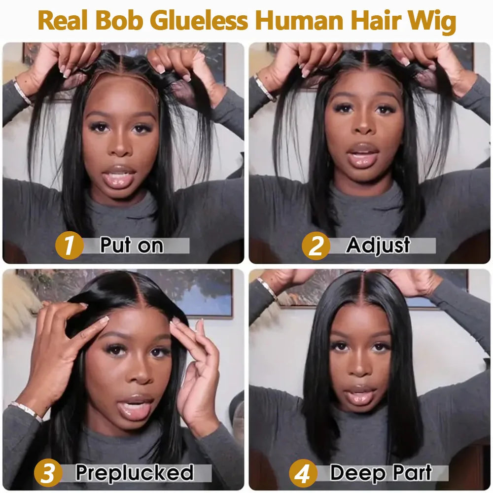 ZIDIKU 10-16inch Glueless Wigs Human Hair Straight Human Hair Wigs 4x4 HD Lace Bob Short Human Hair Wigs 100% Human Hair Quality