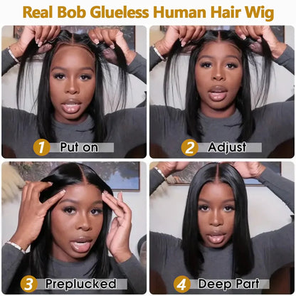 ZIDIKU 10-16inch Glueless Wigs Human Hair Straight Human Hair Wigs 4x4 HD Lace Bob Short Human Hair Wigs 100% Human Hair Quality