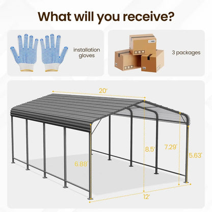 12x20FT Metal Carport, Heavy Duty Carport Canopy with Reinforced Frame and Base for All-Weather, Outdoor Garage