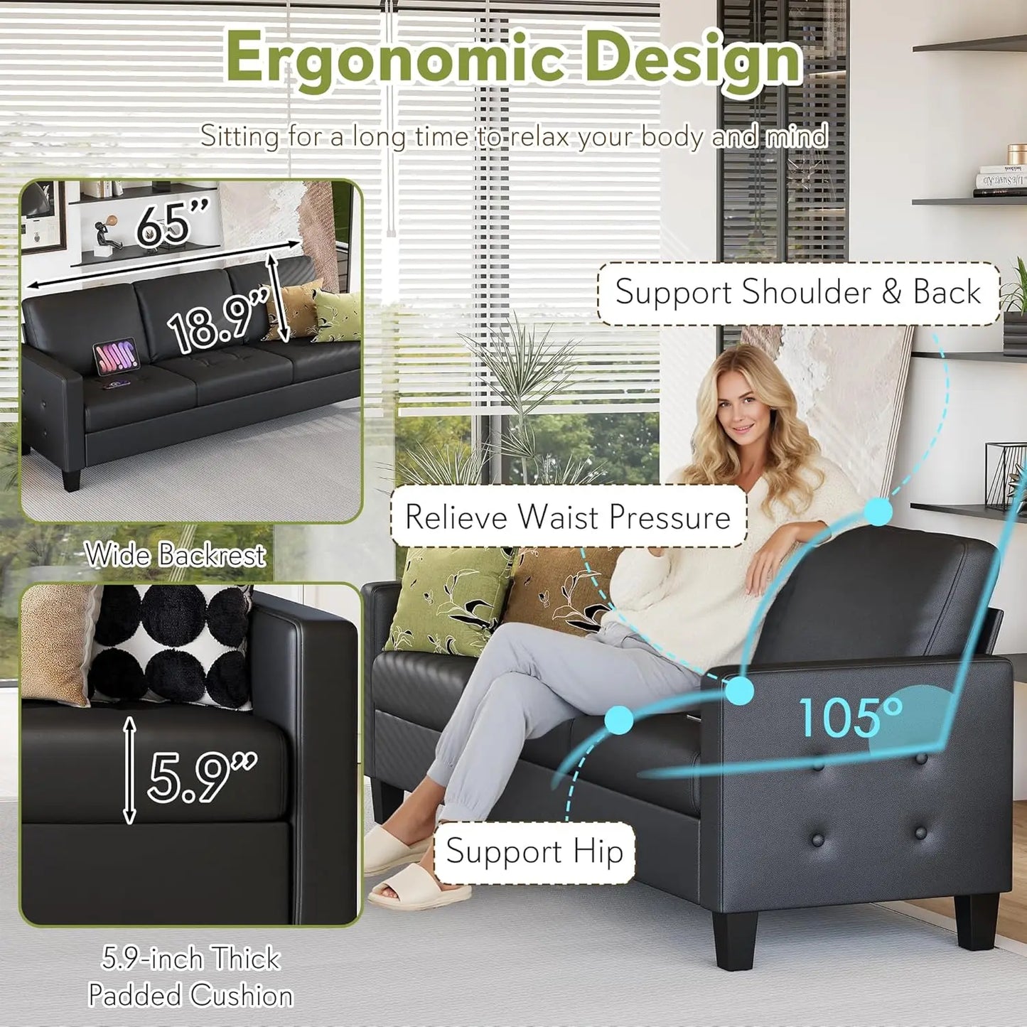 73” Black Faux Leather Sofa Couch, Modern Comfy Office 3 Seater Couch Loveseat with Tufted Armrest and USB, Customized