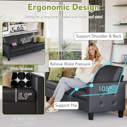 73” Black Faux Leather Sofa Couch, Modern Comfy Office 3 Seater Couch Loveseat with Tufted Armrest and USB, Customized