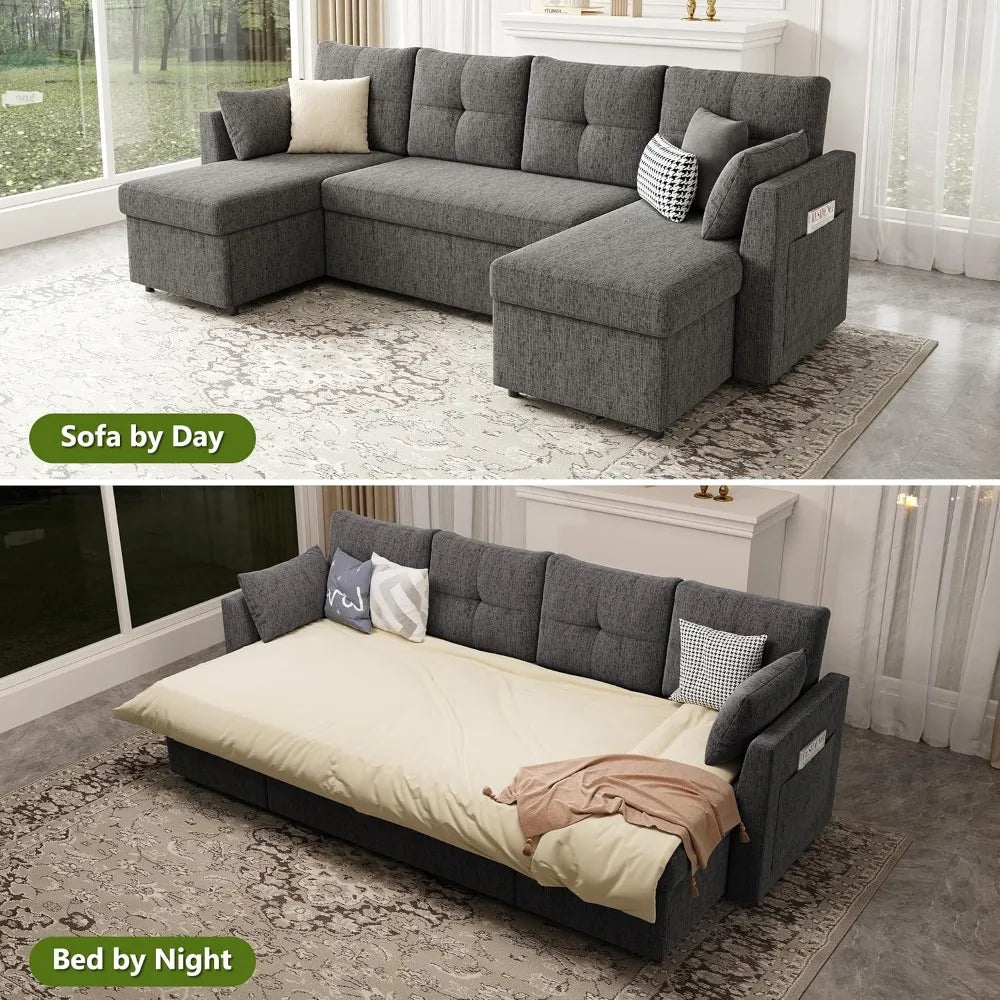 Oversized Sleeper Sofa Couch, 110 inch 2 in 1 Pullout Couch Bed with Double Storage Chaise, Sectional Sleeper Sofa Bed with Side