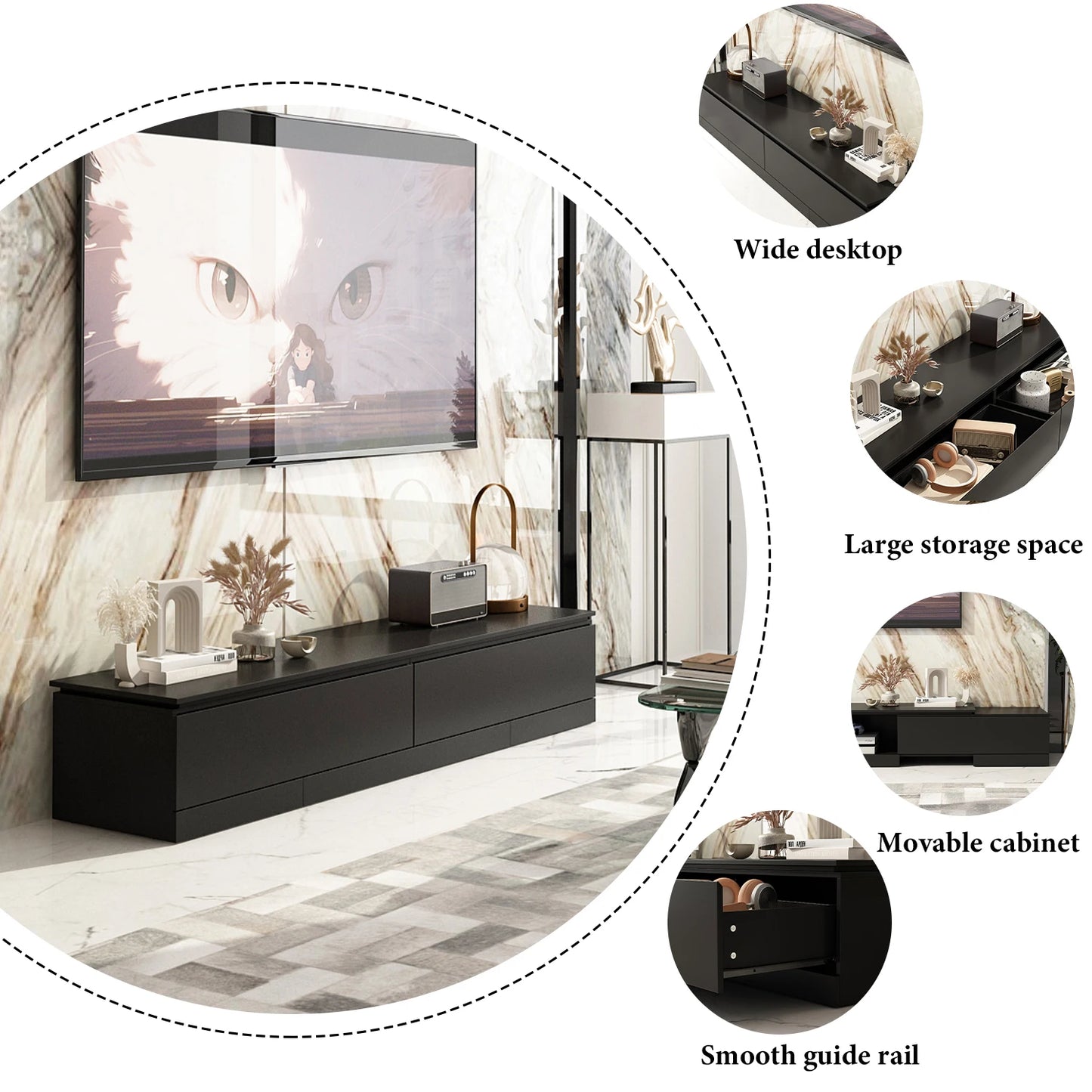 FUFU&GAGA Expandable 94 Inch TV Stand with Storage Credenza, Media Console Cabinet with Wide Desktop for Living Room, Black ﻿