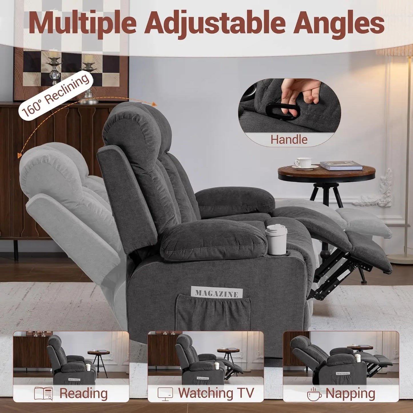 3 Piece Manual Recliner Sofa Set with Cup Holders Home Theater Office Grey Fabric Loveseat+Chair+Chair, Customized