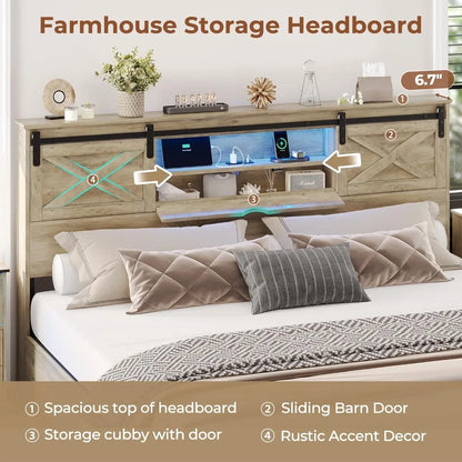 California King Bed Frame with Storage Headboard, LED Lights, Charging Station & Drawers - Rustic Farmhouse Design