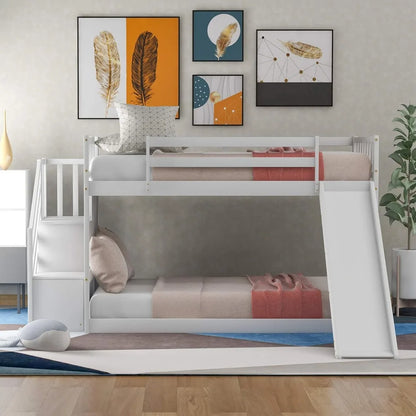 SOFTSEA Twin Over Twin Low Bunk Beds with Slide and Stairs, No Box Spring Needed