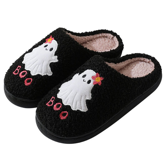 Halloween Ghost Plush Slippers Closed Toe Slippers Anti Slip Warm Slip-on House Shoes Soft Furry Slipper for Men Women