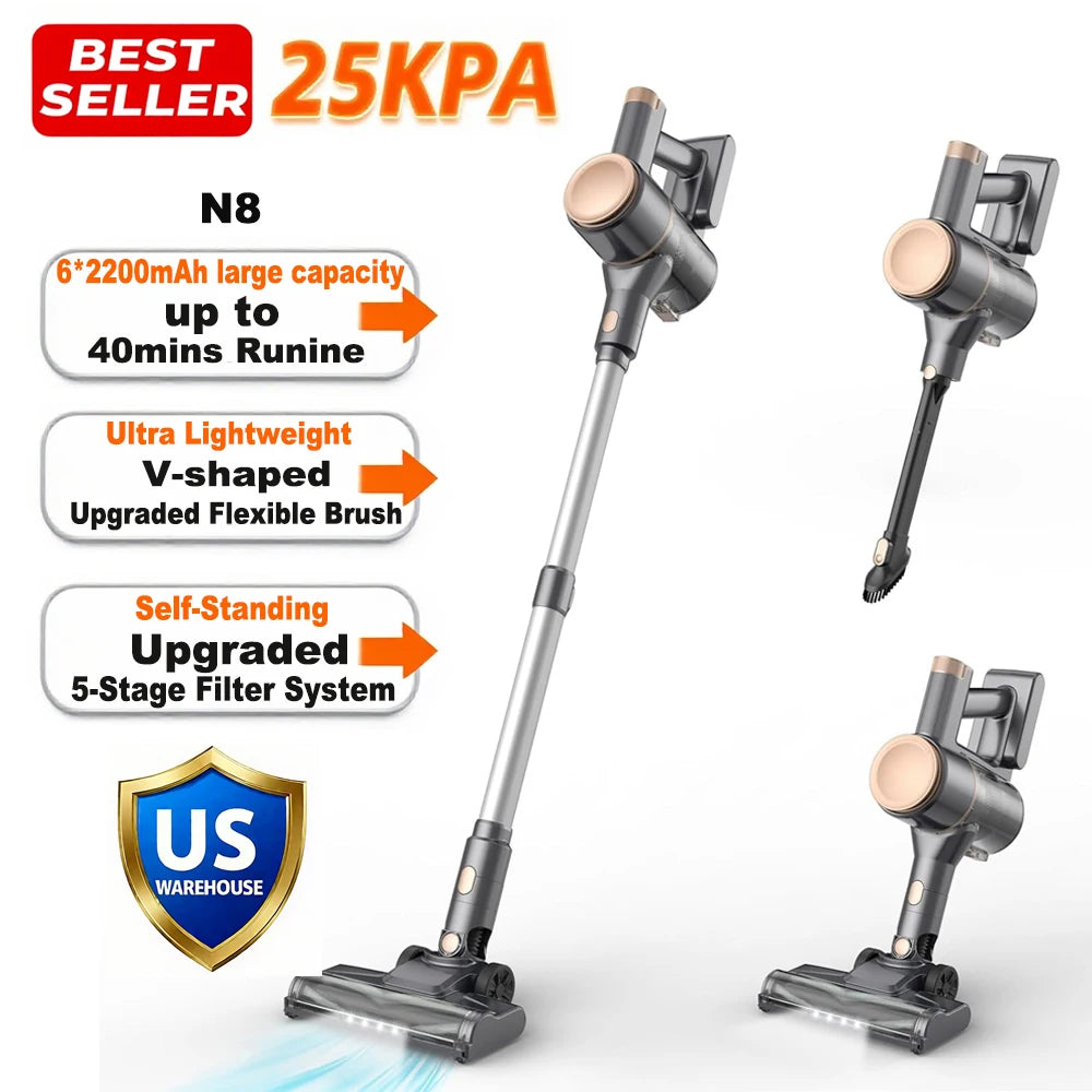 INSE N8 Cordless Vacuum Cleaner 25Kpa Lightweight Stick Vacuum with 2200mAh Rechargeable Battery for Hardwood Carpet Pet Hair