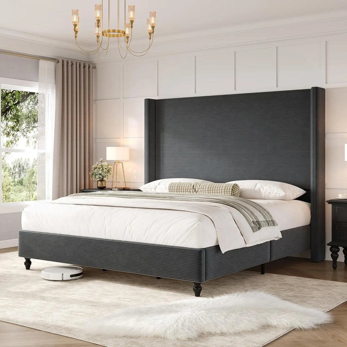 King Size Bed Frame with 65" Tall Headboard, Upholstered Corduroy Bed Frame with Wingback, Platform Bed with Solid, Customized