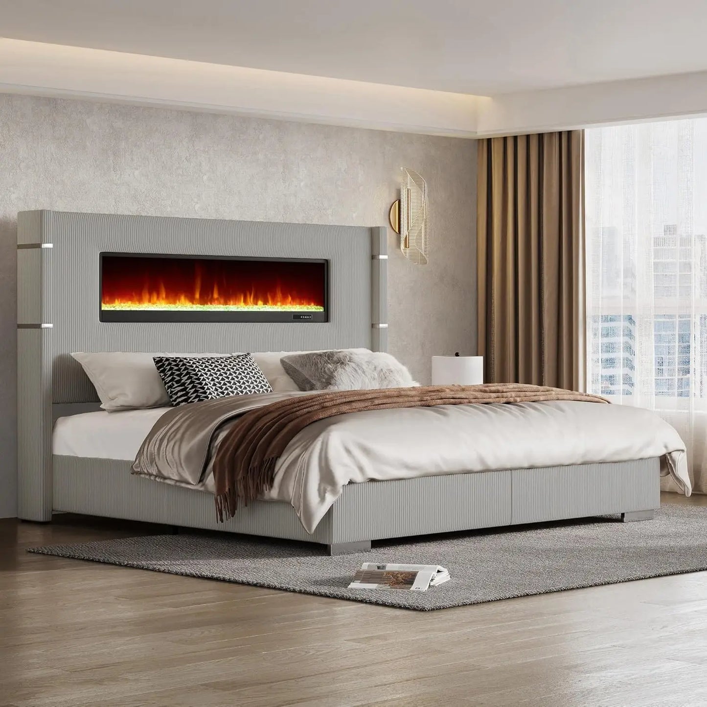 Modern California King Size Bed Frame with Fireplace, Corduroy Upholstered Bed Frame with 60.4“ Extra Tall, Customized