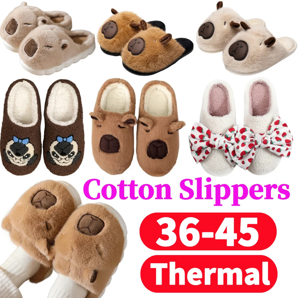 Capybara Cotton Slippers Women Men Winter Thermal Slippers Cute Cartoon Animals Shoes Home Indoor Non Slip Soft Plush Slippers