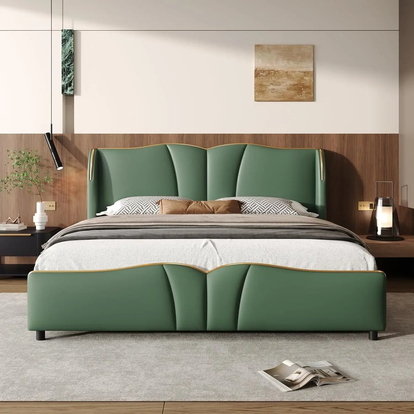 Modern Luxury Leather Platform Bed Frame - Wingback Headboard & Wavy Footboard, No Box Spring Required