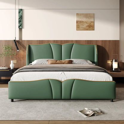 Modern Luxury Leather Platform Bed Frame - Wingback Headboard & Wavy Footboard, No Box Spring Required
