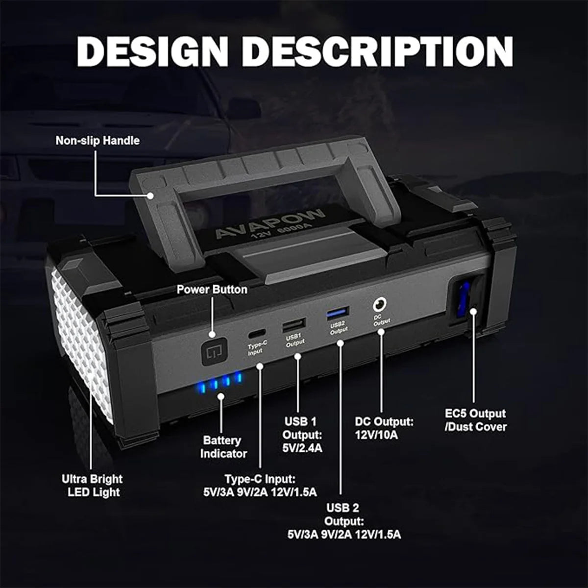 AVAPOW 6000A Car Battery Jump Starter Powerful Car Jump Starter with Dual USB Quick Charge and DC Output,Built-in LED  Light