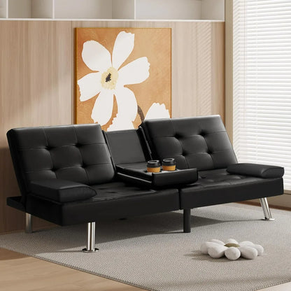 VICTONE Futon Sofa Bed Modern Faux Leather Couch Bed Convertible Folding Recliner for Living Room with 2 Cup Holders and Armrest