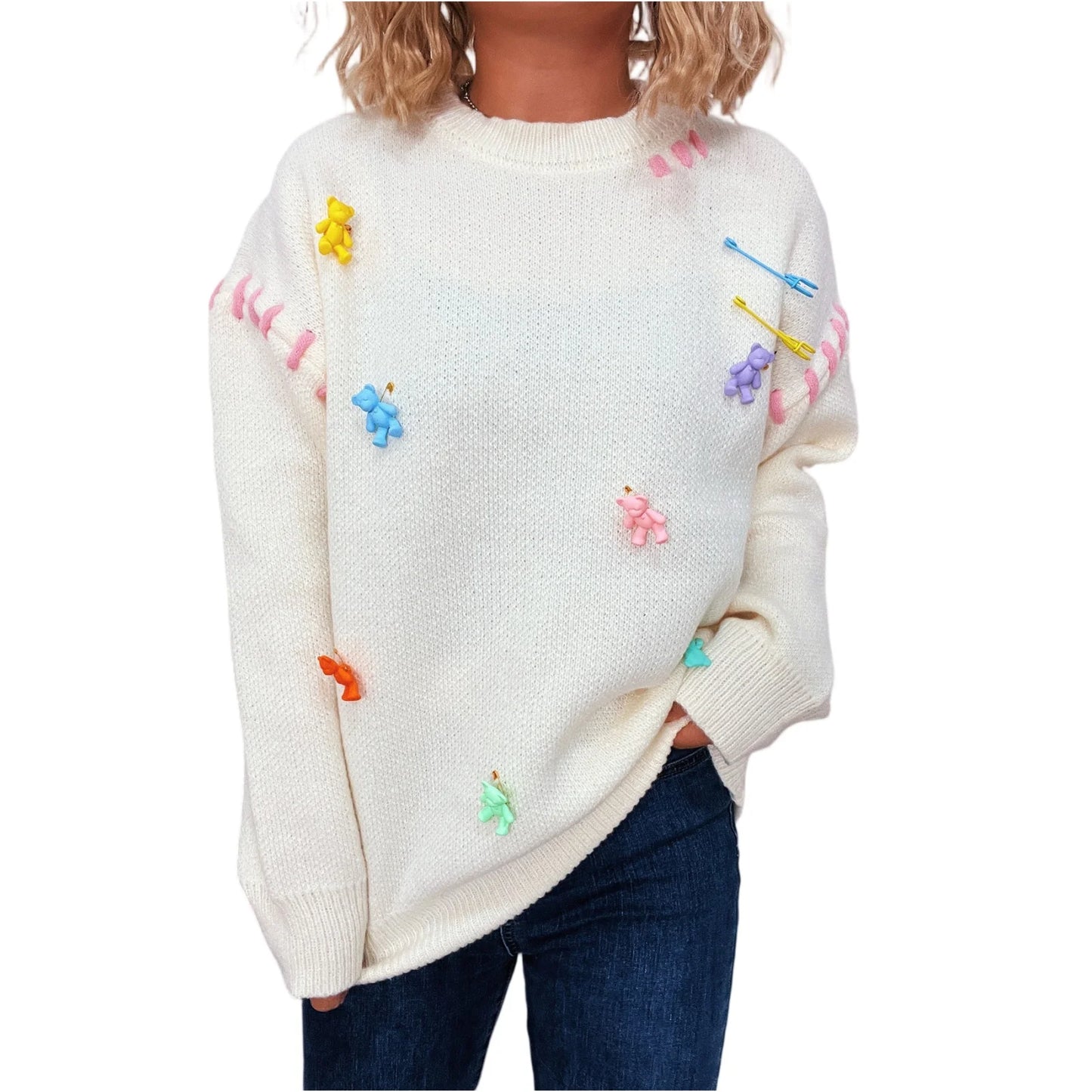 Women'S Fashion Casual Loose Versatile Bear Decoration Handmade Drawstring Long Sleeve Round Neck Pullover Sweater Pulls Femmes