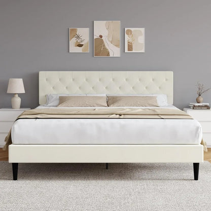 Bed Frame with Headboard, Linen Fabric Upholstered Platform Bed Frame, Button Tufted Bed Frame , Customized