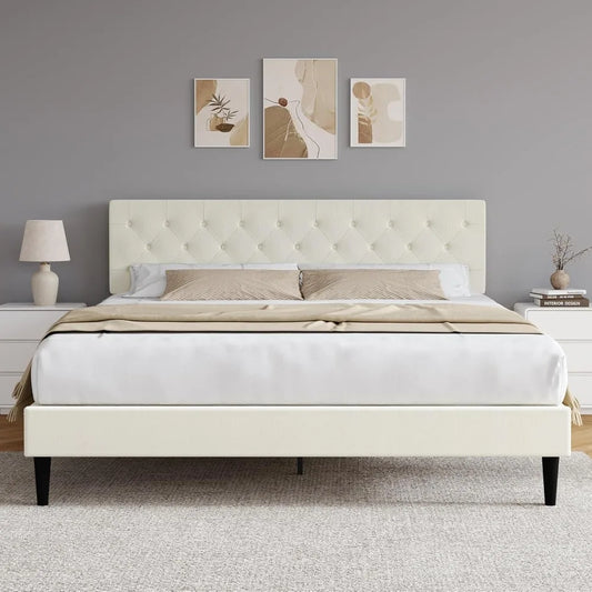 Bed Frame with Headboard, Linen Fabric Upholstered Platform Bed Frame, Button Tufted Bed Frame , Customized
