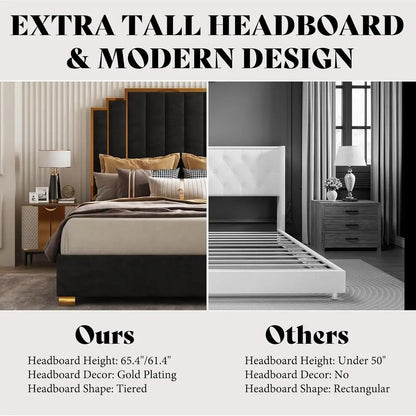 Modern Velvet King Bed Frame with 65.4 High Gold Trim Headboard, No Box Spring RequiredCustomized