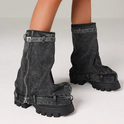 Women'S Y2K Slouchy Fold Over Shark Boots Fashion Punk Side Zipper Platform Chunky Heels Pull On Casual Party Boots Woman