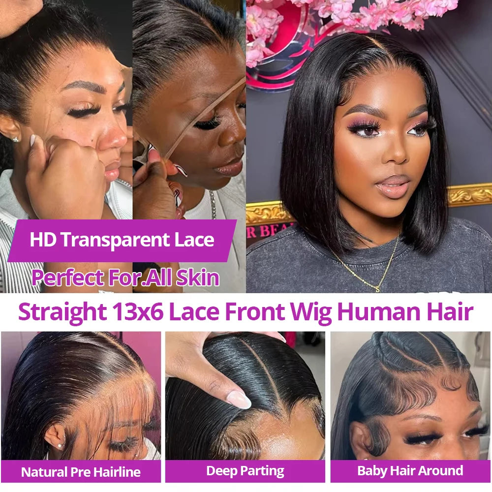 250% 13x6 13x4 Lace Frontal Wigs Silky Straight Human Hair HD Lace Front Bob Wigs Pre Cut Glueless Straight Bob Wigs Ready to Go