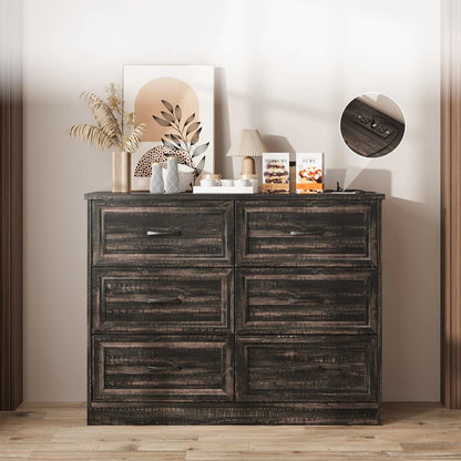 Vabches 6 Drawer Dresser for Bedroom Wood Chest of Drawers with Power Strip Tall Dresser Organizer with Metal Handle for Hallway