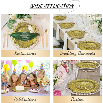 24 Pack Gold Charger Plates Round Plastic Reef Plate Chargers with Flora Reef Design Gold Chargers for Dinner Plates