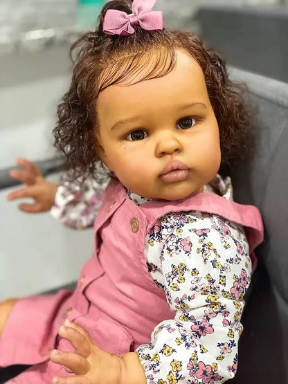 1PC Lifelike Reborn Baby Doll 24Inch Ellie Toddler Newborn Doll Soft Touch Dark Skin Art Doll with Hand Root Hair