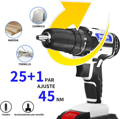 DayPlus 21V Portable Cordless Power Drill Set Impact Screw Driver with 1500mAh Li-Ion Battery 25+1 Torque Setting 45N.m
