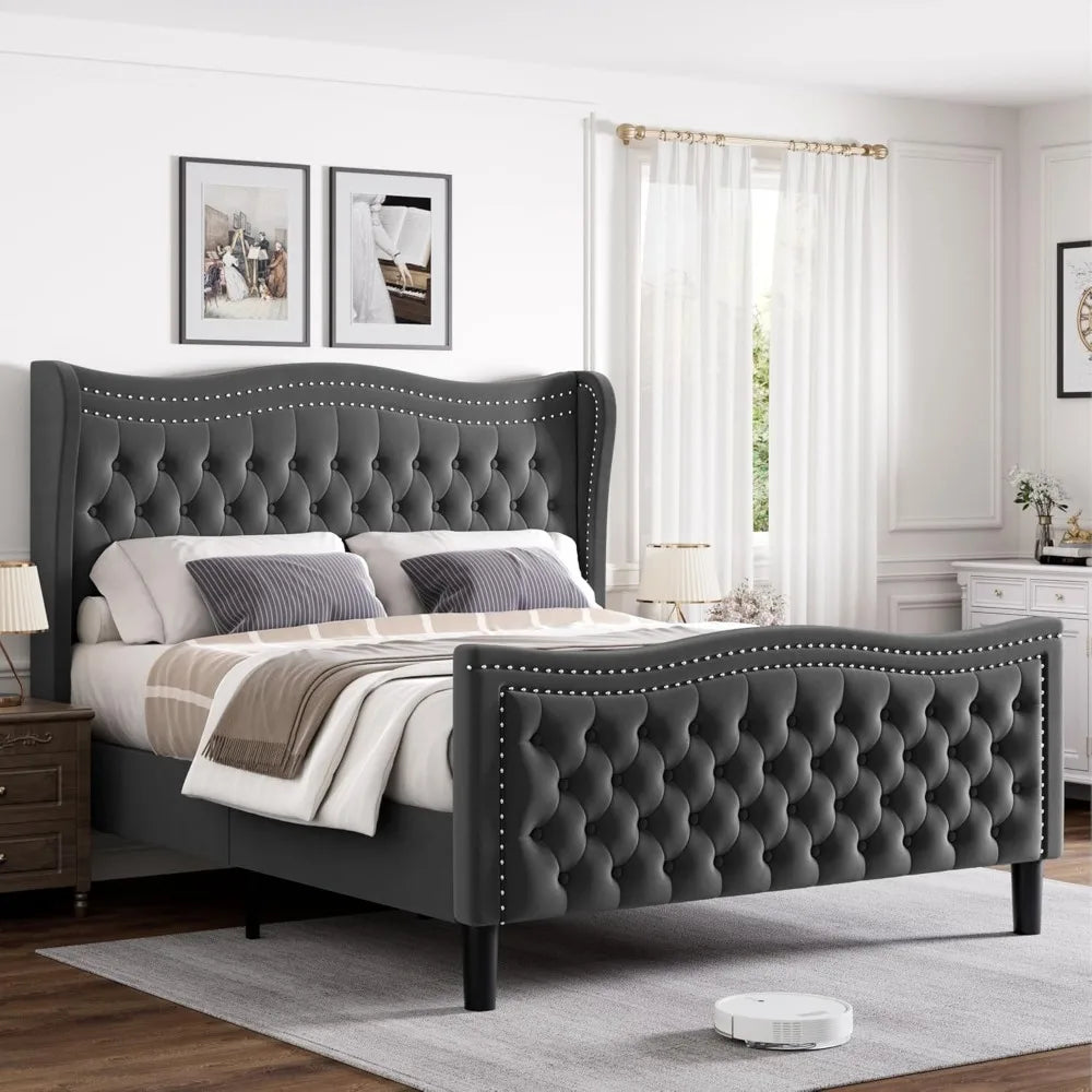 Full Bed Frame with Tall Headboard & Footboard,Velvet Upholstered Platform Bed Frame with Deep Button Tufted Wingback,Customized
